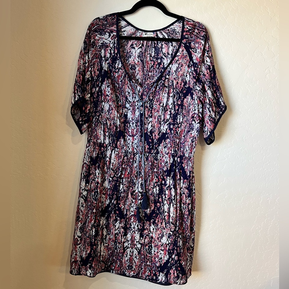 Short length dress with 3/4 sleeves with Blue and Red multicolored fabric